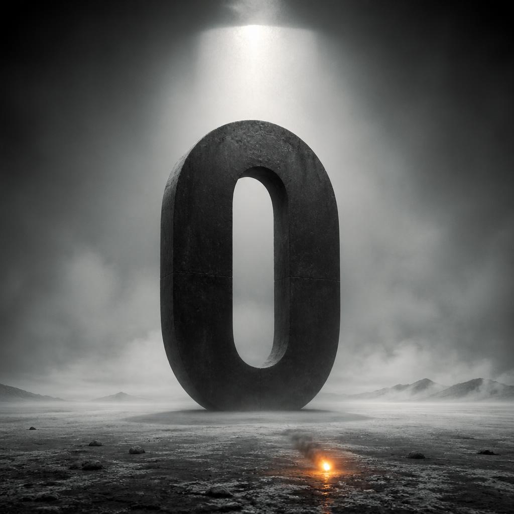 Zero album cover, a concrete zero standing in fog